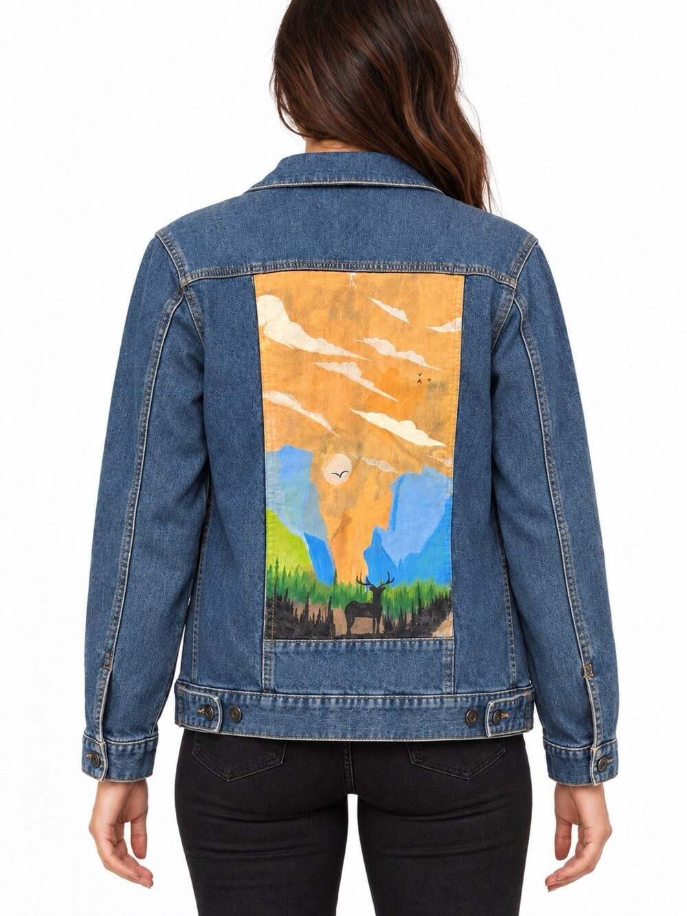 GEORGE M 38-40 CUSTOM HAND PAINTED DENIM JACKET MOUNTAIN DEER LANDSCAPE ART